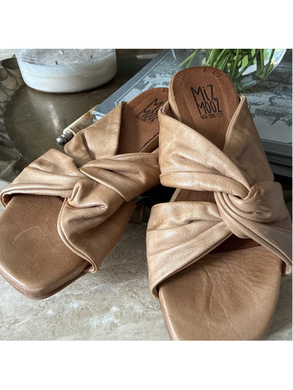 Miz Mooz Paparazzi Almond Leather Knot Slip On Sandals Slides Size EU 37 US 7